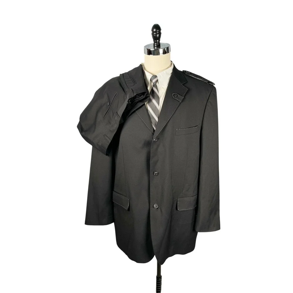 Crème de Silk‎ 2pc Suit 3XL Black with White Topstitch Wool Pleated Pants 43x32